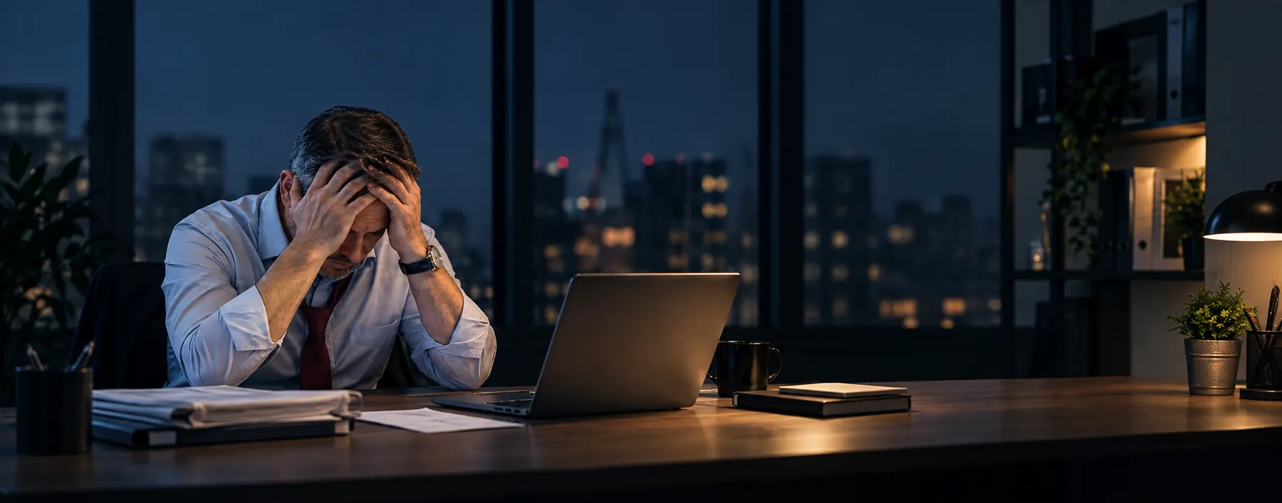 Company director under pressure, seated at his desk with his head in his hands